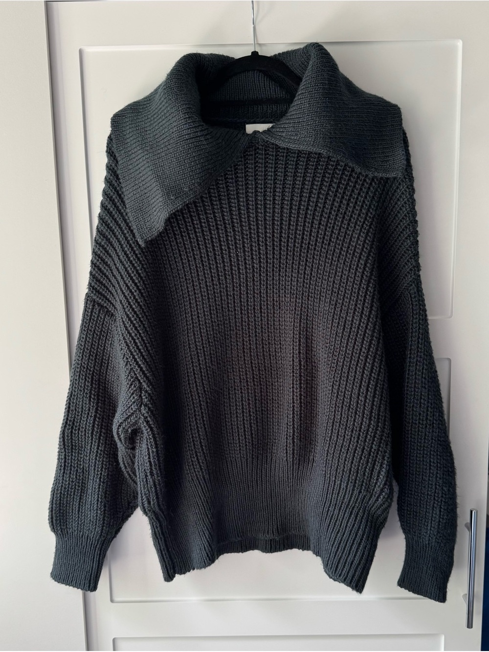 Oversized Dark Green Ribbed Knit Oversized Collar Sweater - H&M